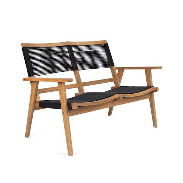 Anvil 2-Person Acacia Wood Outdoor Bench Black Weave Rope Patio Loveseat with Armrest and Backrest