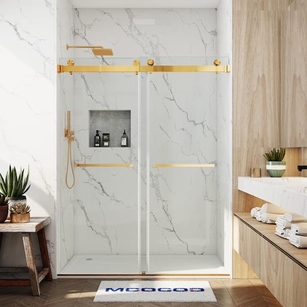 MCOCOD 61-67 in. W x 76 in. H Double Sliding Frameless Smooth Sliding Shower Door in Brushed Gold with 3/8 in. Clear Glass