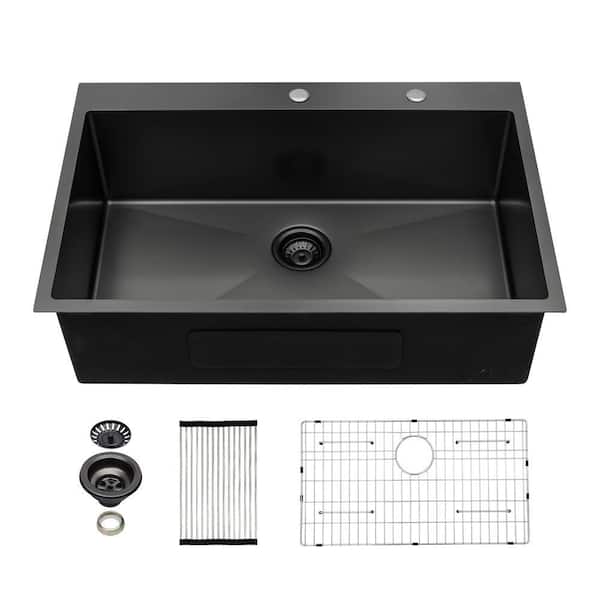 33 in. Drop in. Sink Single Bowl 16-Gauge Gunmetal Black Stainless Steel Kitchen Sink with Strainer