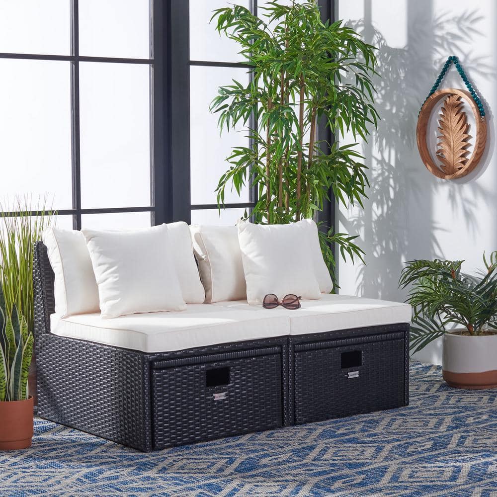 Pramla Black and Beige Wicker 2-Piece Outdoor Settee with Ottoman