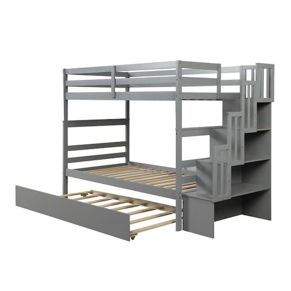 Gray Twin Bunk Bed With Trundle, Twin Bunk Bed With Trundle Plans Uk