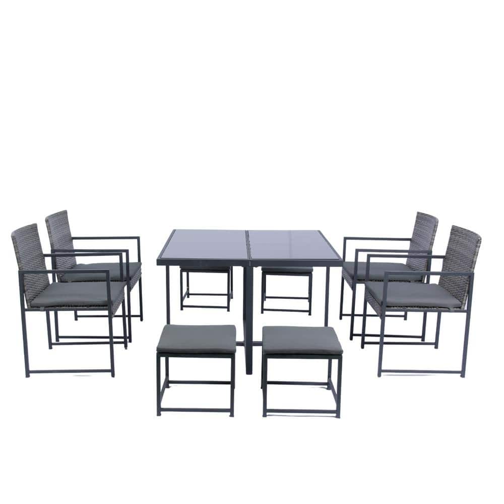 9 Piece Wicker Outdoor Bistro Patio Dining Table Space Saving Set with Glas