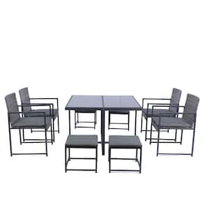 9 Piece Wicker Outdoor Bistro Patio Dining Table Space Saving Set with Glass Top Gray Wicker + Dark Gray Cushion