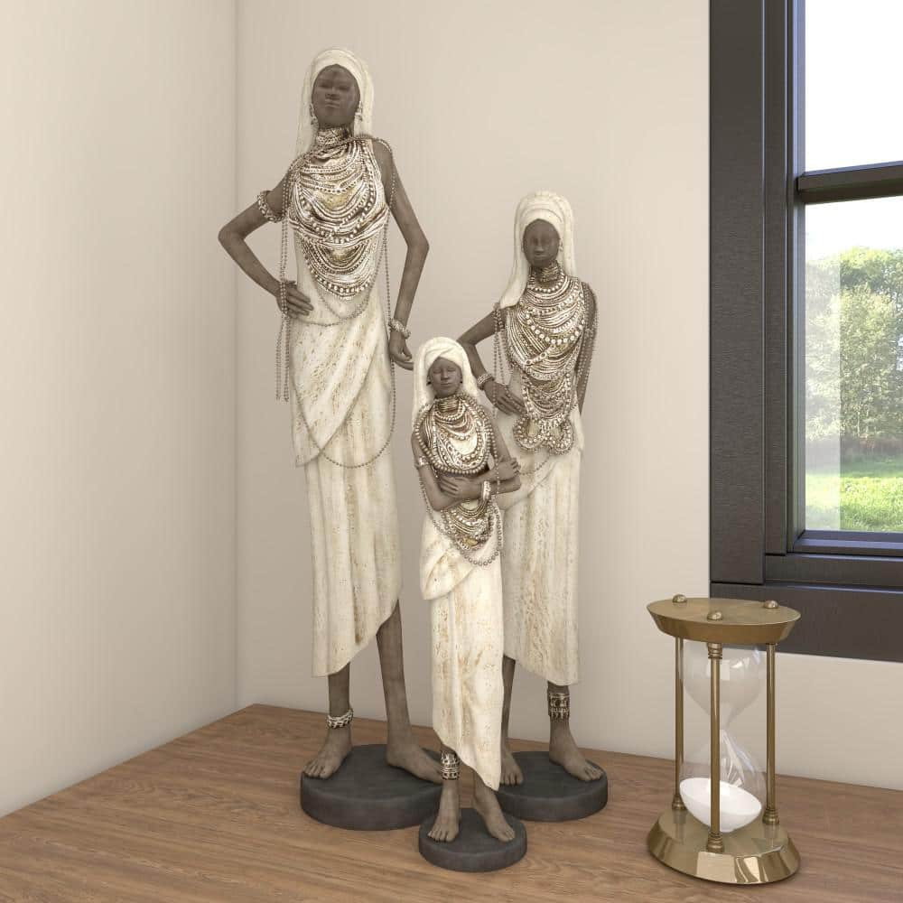 Elegant Trio of Polystone African Woman Sculptures in White