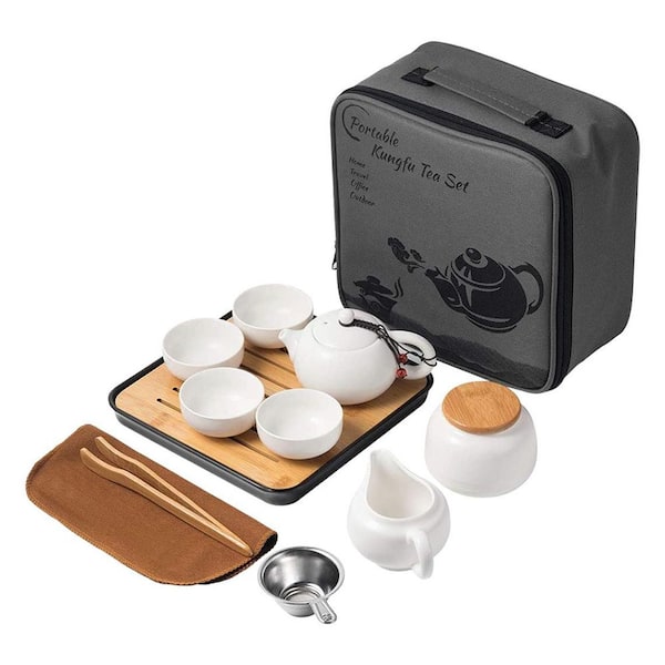 Chinese Porcelain Tea Pot Cup Set with Tray and Infuser, Ceramic Portable Teapot All in One Bag, White
