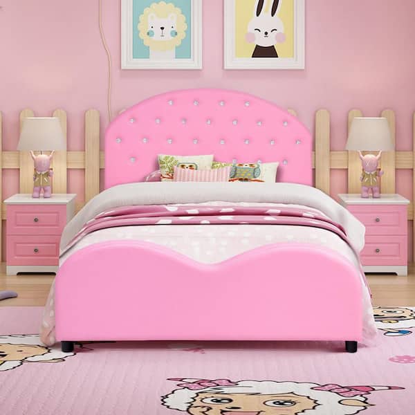 Pink Kids Children PU Upholstered Platform Wooden Princess Toddler Bed Frame Bedroom Furniture