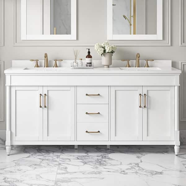 OVE Decors Salisbury 72 in. W x 22 in. D x 35 in. H Double Sink Bath Vanity in Pure White with White Engineered Marble Top
