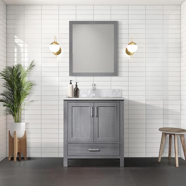 Lexora Jacques 30 in. W x 22 in. D Distressed Grey Bath Vanity, Carrara Marble Topand 28 in. Mirror