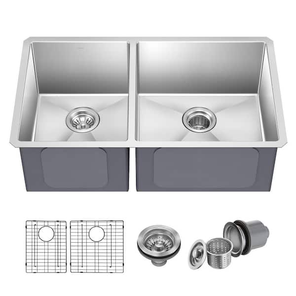 Standart PRO 33in. 16 Gauge Undermount 60/40 Double Bowl Stainless Steel Kitchen Sink