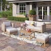 PHI VILLA 5-Piece Rattan Wood Outdoor Patio Conversation Set with Beige Cushions, 2 Ottomans and Acacia Wooden Table DC5PV-109ABCD