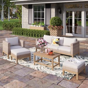 5-Piece Rattan Wood Outdoor Patio Conversation Set with Beige Cushions, 2 Ottomans and Acacia Wooden Table