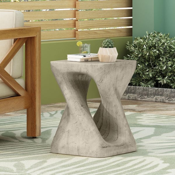 Gray Square Top MGO Concrete Outdoor Side Table with Twist Shape and Wood-like Texture