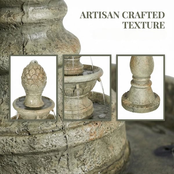 42.5 in. Concrete 3-Tiered Cascading Waterfall Tiered Fountain with Pinecone-Top Finial, with Pump