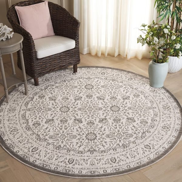 Orchard 7 ft. x 7 ft. Gray/Silver Ornate Floral Border Round Area Rug