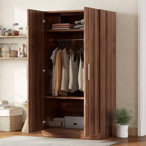2-Door Brown Wood 31.50 in. Wardrobe Armoire with 3 Storage