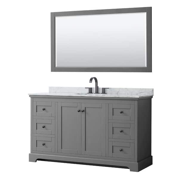 Wyndham Collection Avery 60 in. W x 22 in. D x 35 in. H Single Bath Vanity in Dark Gray with White Carrara Marble Top & 58" Mirror