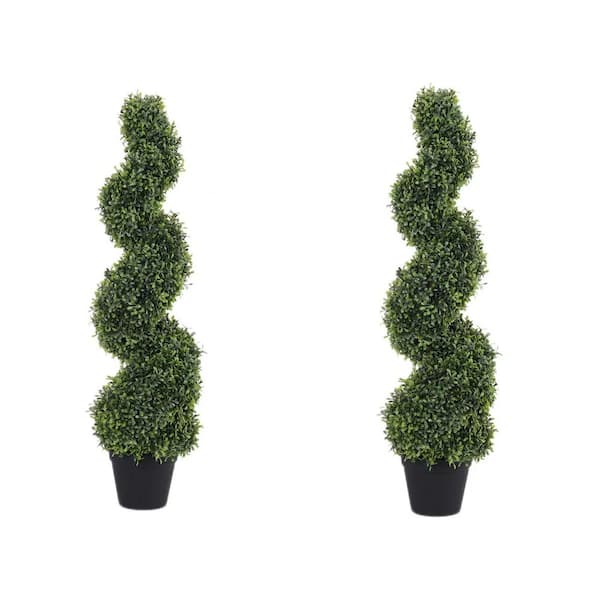 Unbranded 3 ft. Green Artificial Spiral Topiary Tree in Pot 2-Pack, Decorative Bonsai Boxwood, for Indoor Outdoor