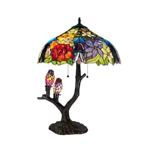 27 in. Floral Birds Multicolored Brown Table Lamp