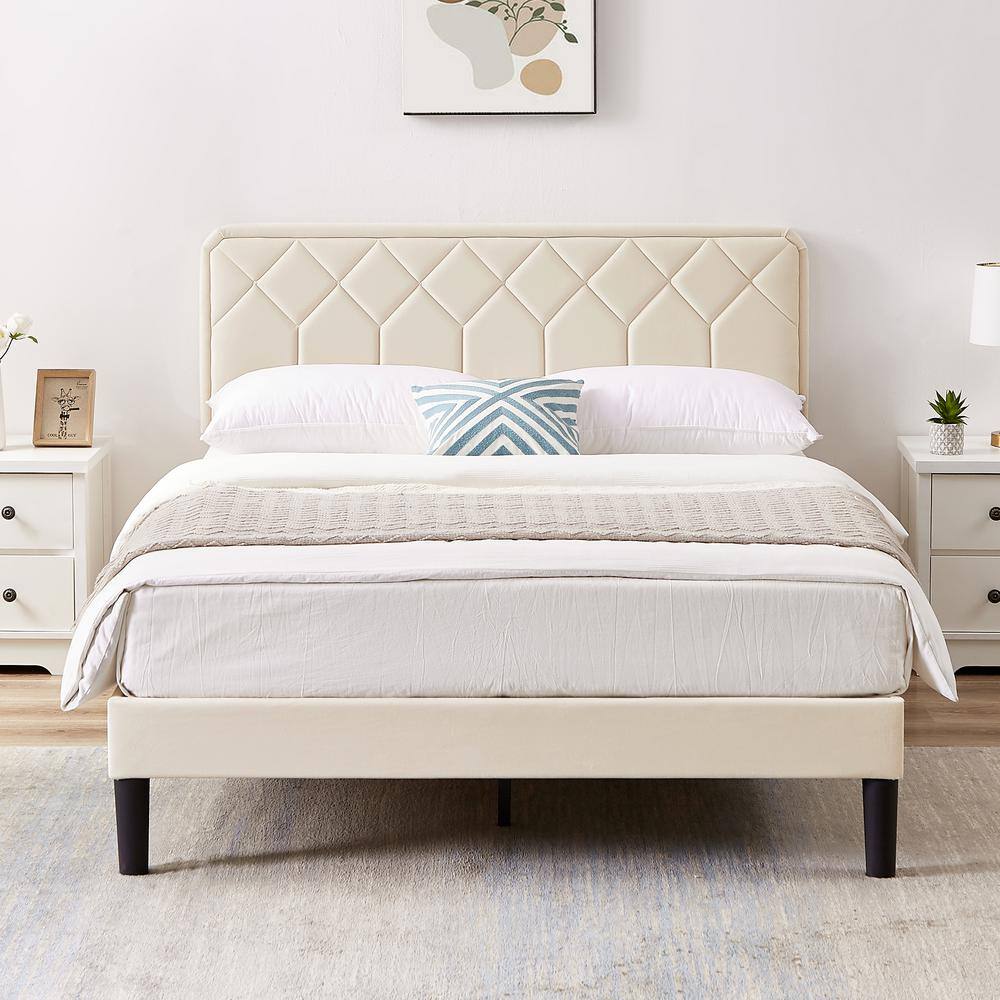 VECELO Bed Frame with Upholstered Headboard, Beige Metal Frame Full ...