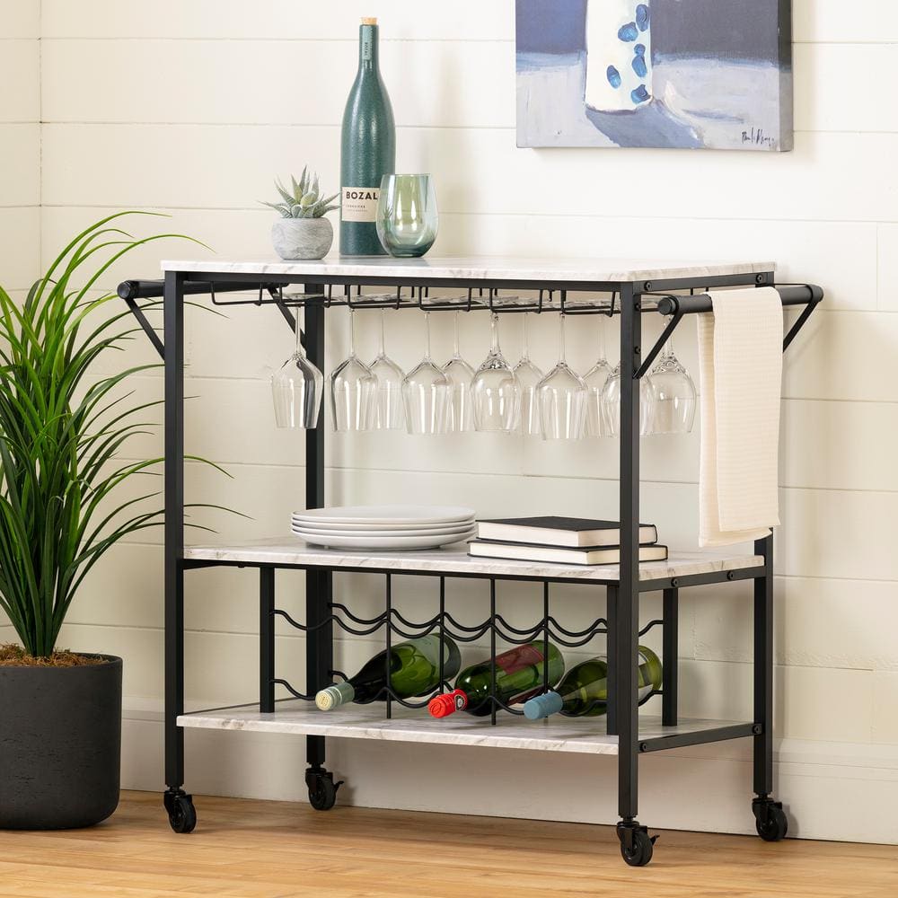 Black Faux Marble Rectangular Bar Cart with Wine Rack