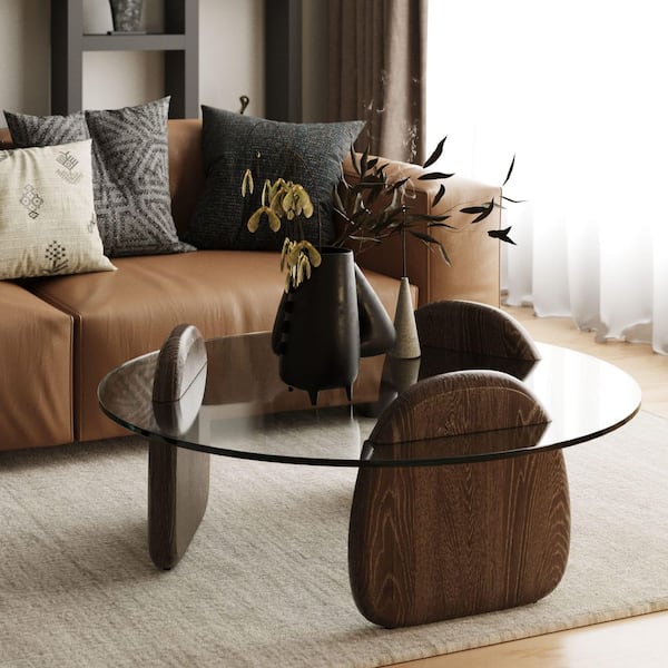 Modrest Buxton Mid-Century Modern 43.3 in. Dark Walnut Round Glass Coffee Table