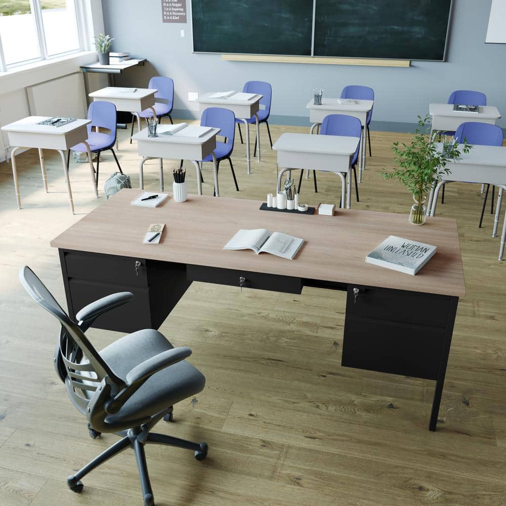 70 in. Rectangle White Oak Engineered Wood 6-Drawers Teacher Desk