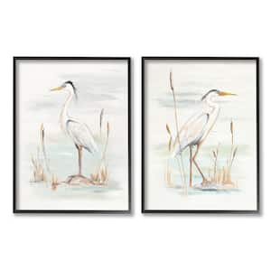 Elegant Heron Birds Cattails Plants In Water Painting Design By Patricia Pinto Framed Animal Art Print 30 in. x 24 in.