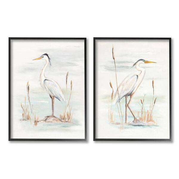 Elegant Heron Birds Cattails Plants In Water Painting Design By Patricia Pinto Framed Animal Art Print 30 in. x 24 in.