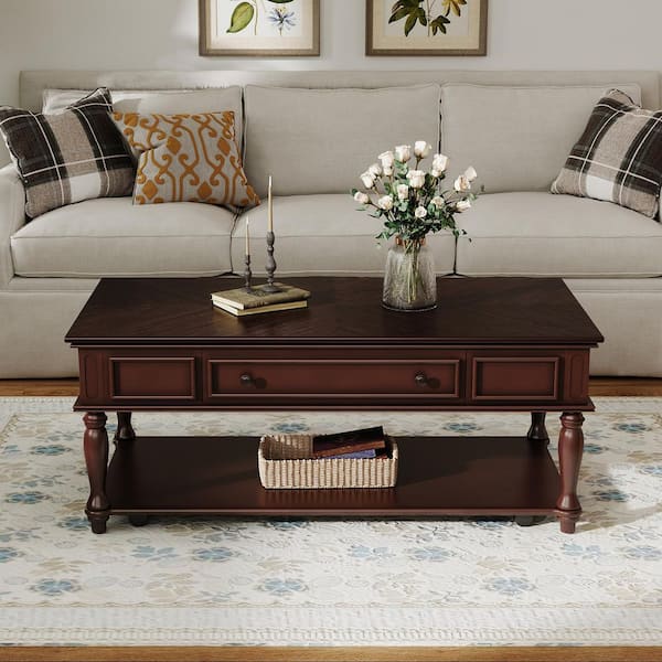 Algernon Farmhouse 47.20 in. Espresso Rectangle Wood Coffee Table with Drawer and Lockable Wheels