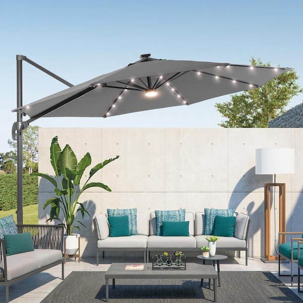 Sonkuki 11FT LED Premium Cantilever Patio Umbrella - Outdoor Comfort with 360° Rotation and Canopy Angle Adjustment, Gray