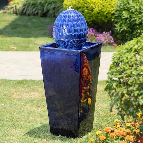 Glitzhome 35.75 in. H Oversized Cobalt Blue Artichoke Pedestal Ceramic Fountain with Pump and LED Light (KD)
