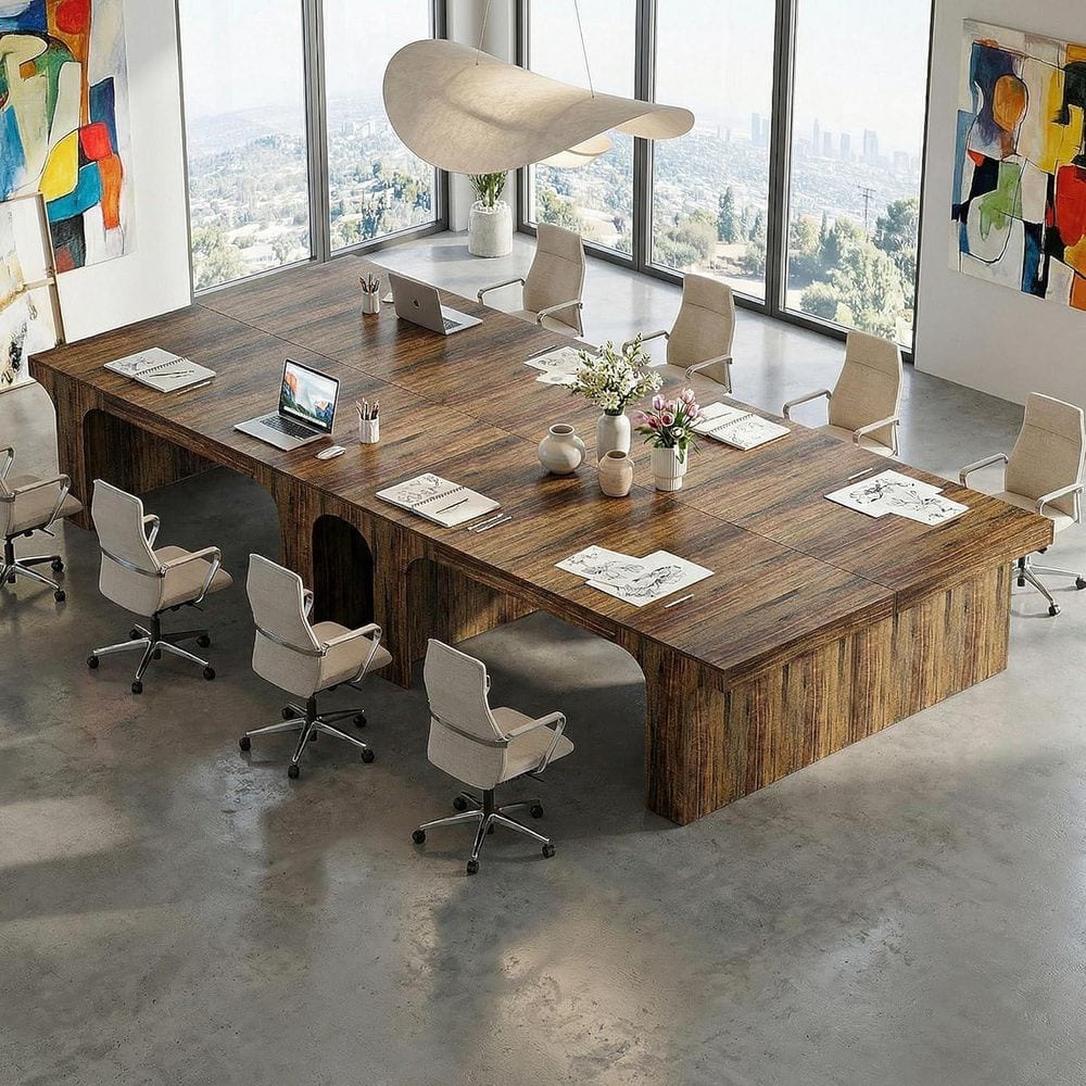 Moronia 70.9 in. Rustic Brown Conference Table, Rectangular Computer Desk with Stable Sled Legs for Meeting Room, 4PC