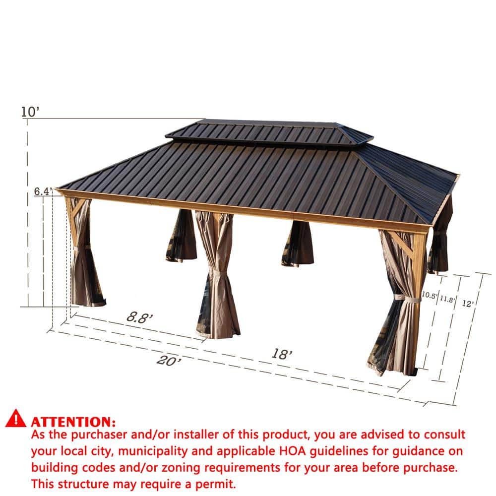 Apollo 12' x 20' Brown Aluminum Hardtop Gazebo with Mosquito Net