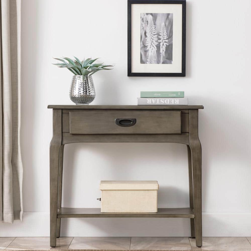 Gray Solid Wood Hall Console Table with Drawer and Shelf
