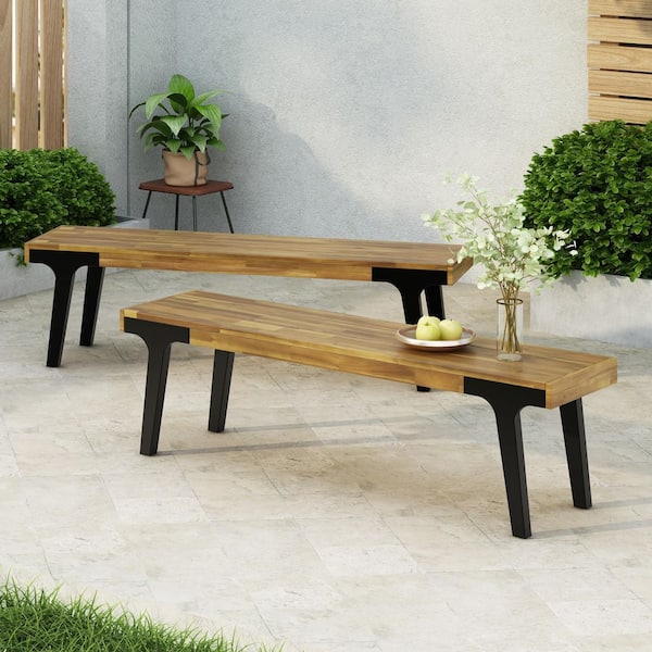 Teak Acacia Wood Patio Dining Bench Set of 2 with Black Leg
