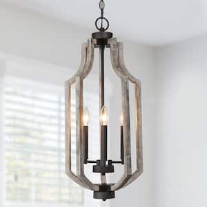 Farmhouse Weathered Gray Wood Cage Chandelier 3-Light Rustic Linear Brown Candlestick Pendant Light