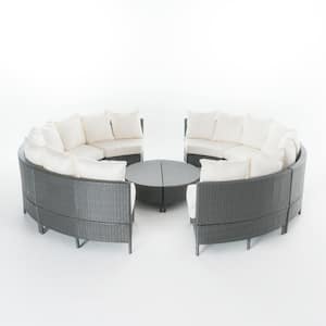 Gray 10-Piece Faux Rattan Outdoor Patio Sectional and Table Set with White Cushions