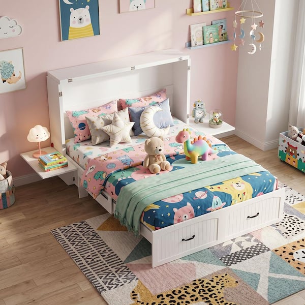 White Wood Frame Full Size Bed Murphy Beds Storage Cabinet With Drawer, 2-Nightstand and Wheels