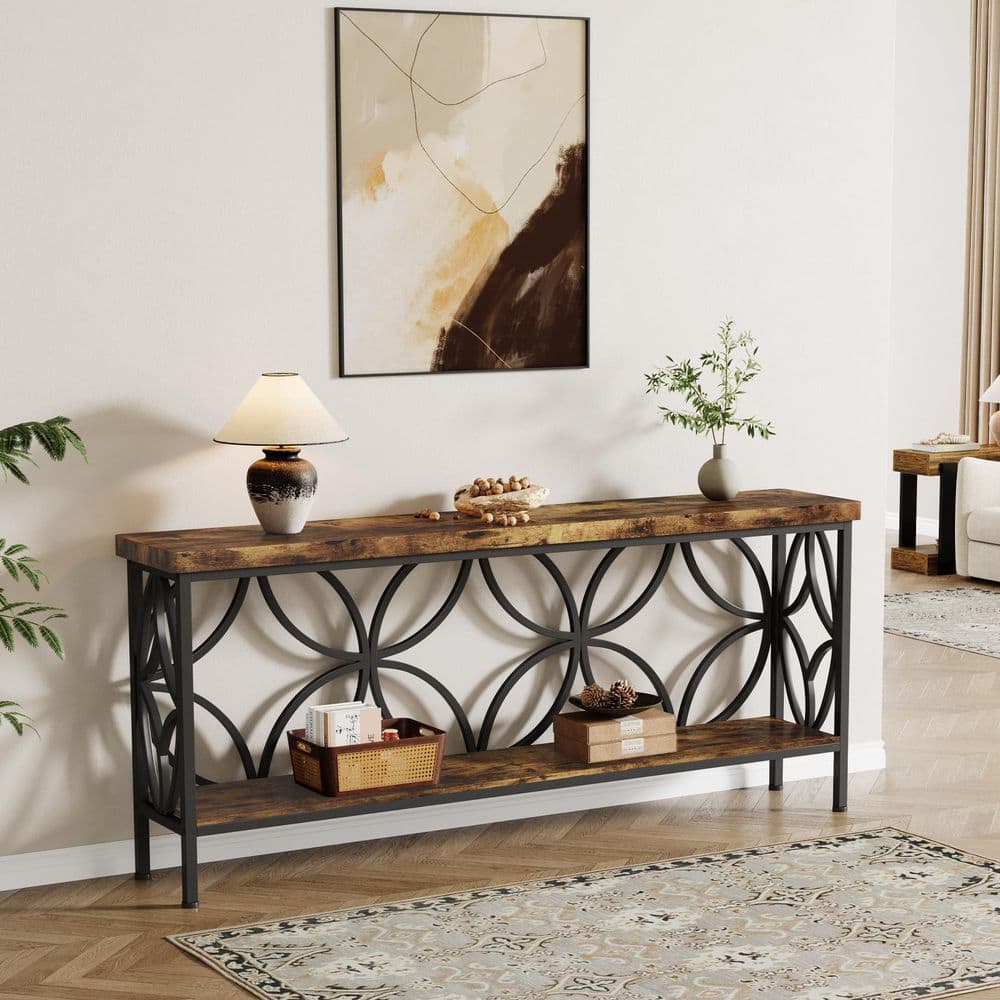 70.9 in. Rustic Brown Rectangle Engineered Wood Sofa Console Table with 2-Tier Storage Shelf for Entryway