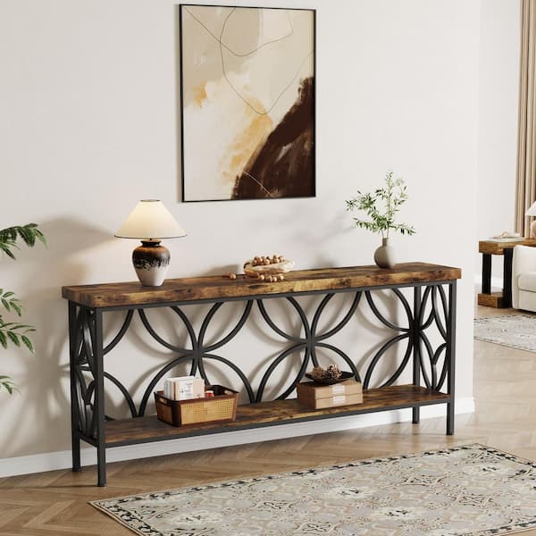 BYBLIGHT 70.9 in. Rustic Brown Rectangle Engineered Wood Sofa Console Table with 2-Tier Storage Shelf for Entryway
