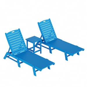 Laguna Pacific Blue 3PC All Weather Fade Proof HDPE Plastic Outdoor Patio Reclining Chaise Lounge Chairs, Side Table Set