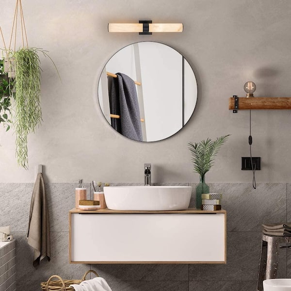 Divine 23.6 in. W 1-Light Matte Black Solid Stone Bathroom LED Vanity Light Cylinder Cloudstone Marble Glow Wall Sconce