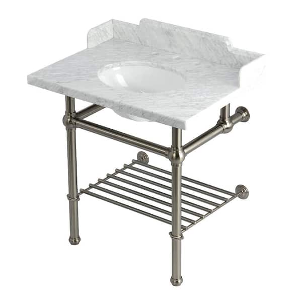 Kingston Brass Pemberton 30 in. Marble Console Sink with Brass Legs in Marble White Brushed Nickel