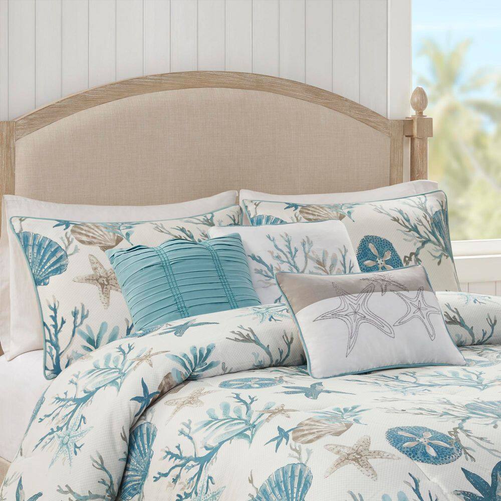 Aqua Coastal Queen Cotton Comforter Set with Decorative Pillows