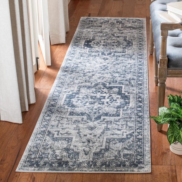 Oregon Navy/Ivory 2 ft. x 12 ft. Border Distressed Runner Rug