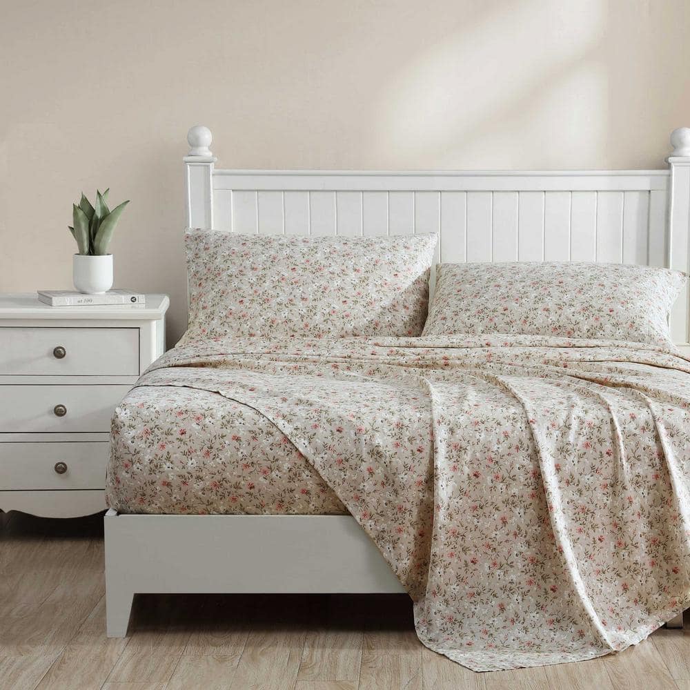 Laura Ashley Bonnie 4-Piece Toasted Beige/Pink Sateen Cotton