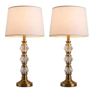 Theo 28-inch Clear Glass and Antique Brass Table Lamp with Off White Cotton  Shade (Set of 2)