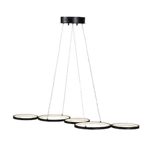 55-Watt Black 5 Rings Integrated LED Pendant Light with PVC Shade for Bedroom, Dining Room, Living Room Lights