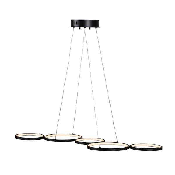 FIRHOT 55-Watt Black 5 Rings Integrated LED Pendant Light with PVC Shade for Bedroom, Dining Room, Living Room Lights