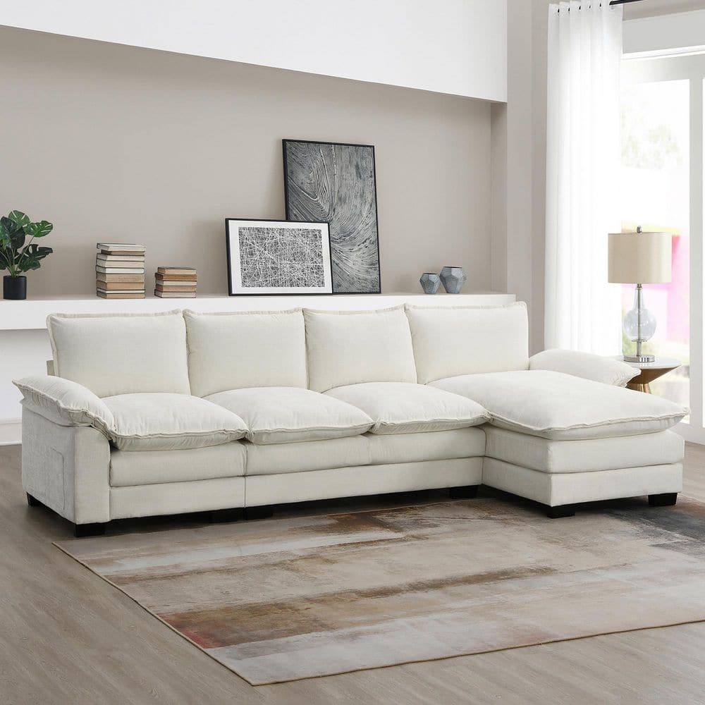 118 in. Double Cushions Chenille L-Shaped 5-Seat Sectional Sofa in Beige wi